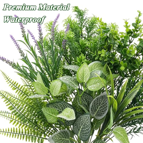 Image of 24 Bundles Artificial Greenery for Outdoor Fake Green Plant Eucalyptus Fern | Mixed Plastic UV Resistant Faux Greenery Stems for Outside Indoor Home Garden Window Box Front Porch Decoration