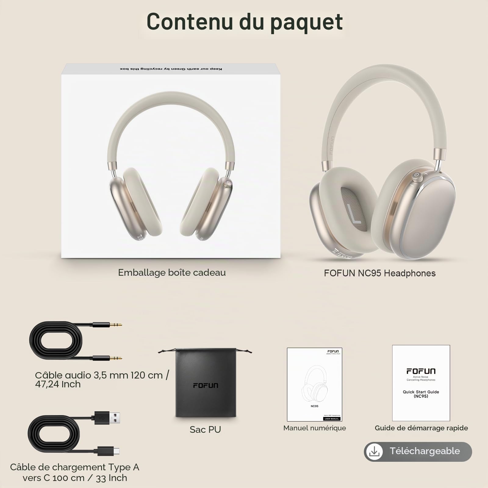 NC95 Casque Bluetooth sans Fil à Réduction de Bruit Hybride,Bluetooth 6.0,120 Autonomie,Contrôle par Application,Mode Transparence,Charge Rapide pour Les Voyages/Le Travail(Lumière des étoiles)