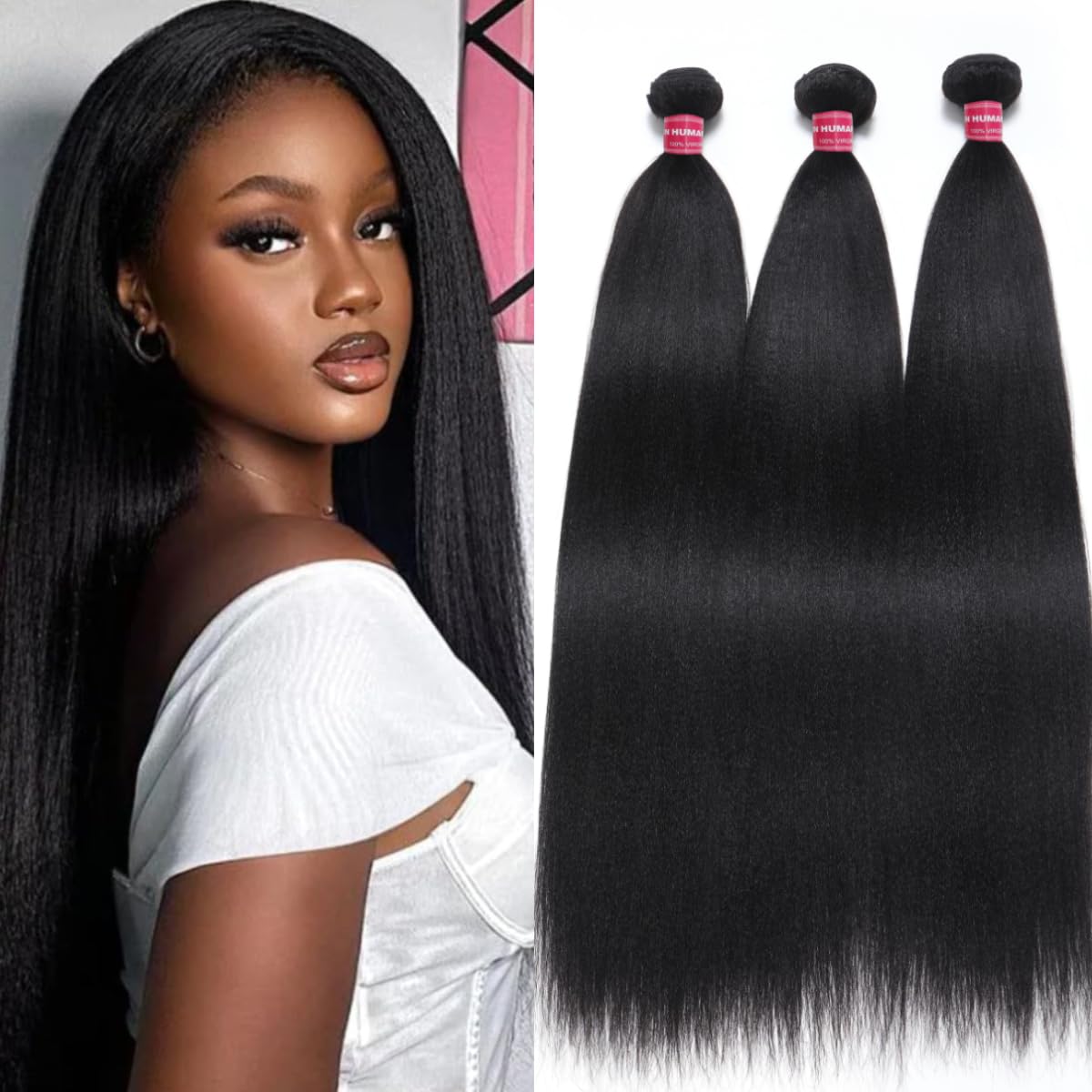 UNICE 12A Silk Yaki Straight Human Hair Weave 3 Bundles Unprocessed Virgin Real Human Hair Weft Sew in Human Hair Extensions for Women 12 14 16 inch