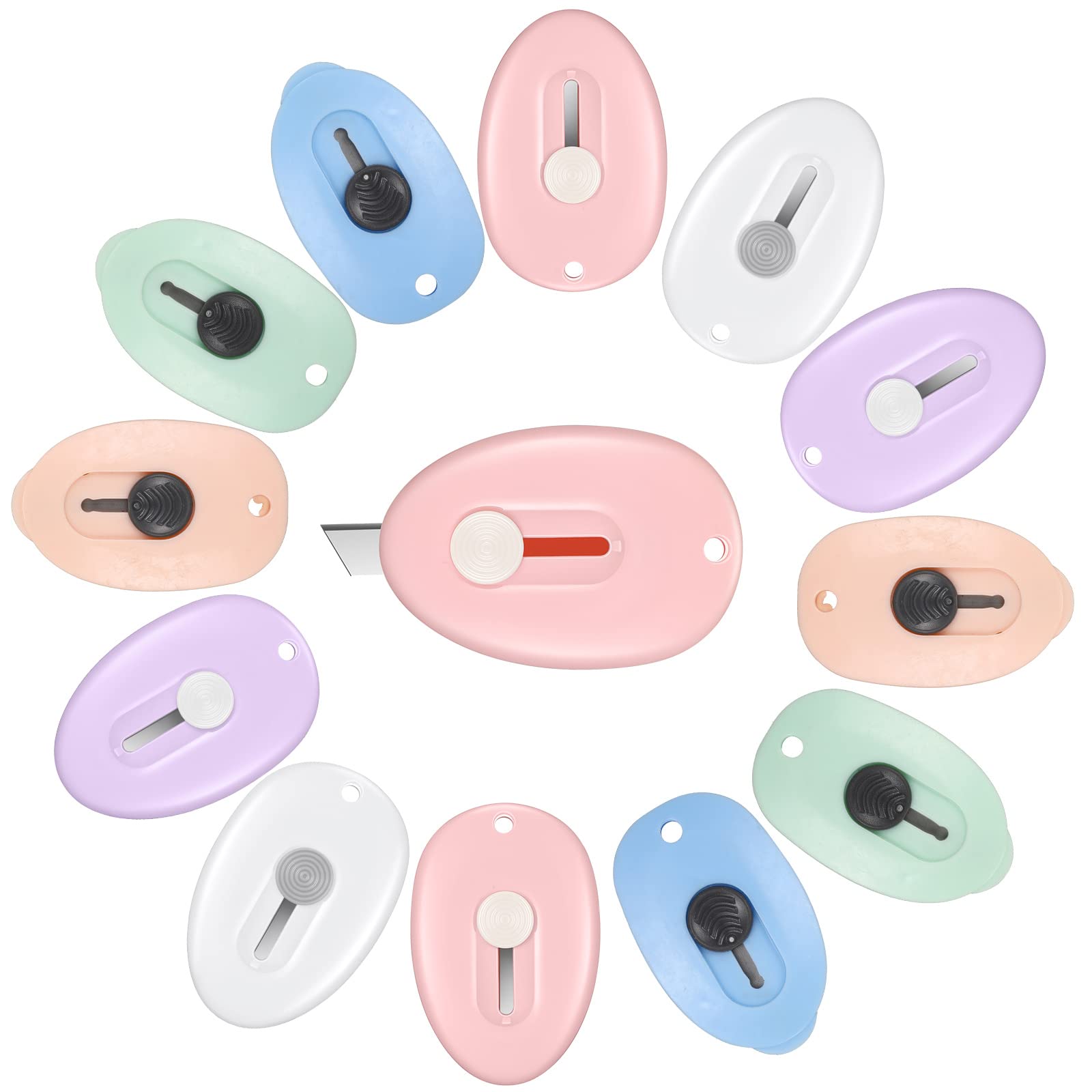 Honoson 12 Pcs Mini Box Cutter Retractable Utility Knife Cute Small Letter Opener Envelope Slitter Package Box Opener with Keychain Hole, 6 Colors(Cute Style)