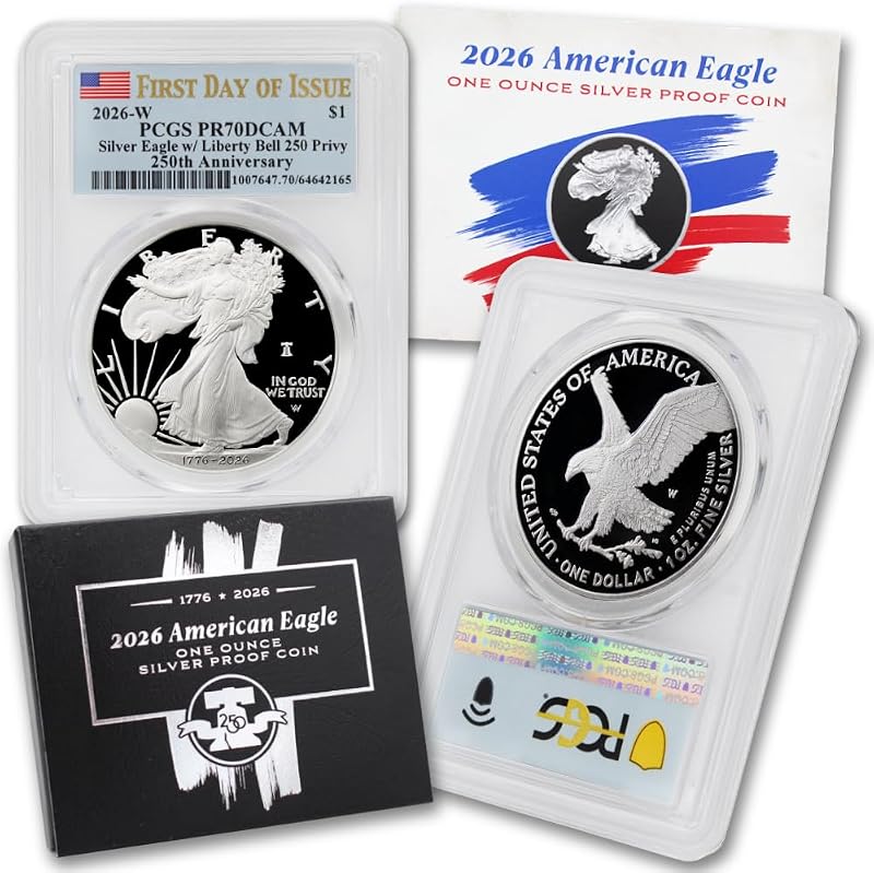 2026 W 1 oz American Silver Eagle Coin PR-70 Deep Cameo $1 PCGS PR70DCAM | First Day of Issue - 250th Anniversary - Liberty Bell 250 Privy - Flag Label with Official Government Packaging