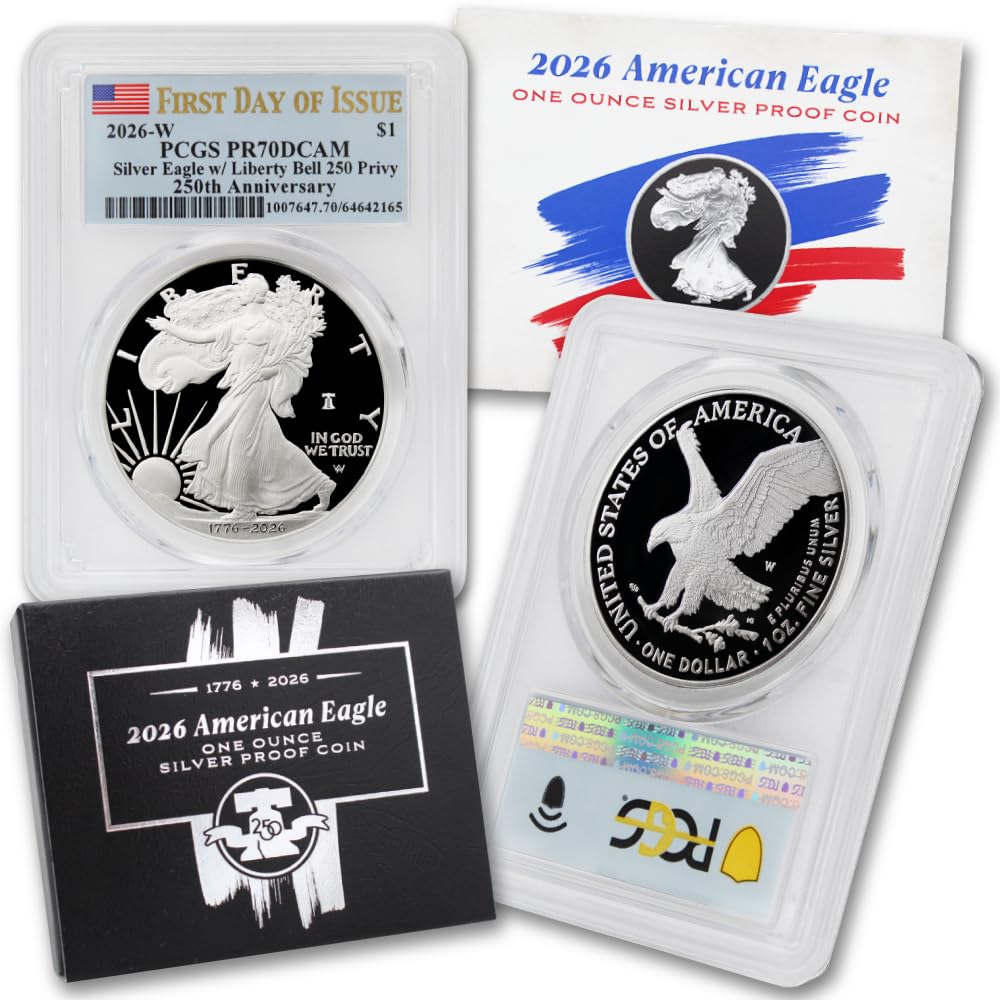 2026 W 1 oz American Silver Eagle Proof Coin PR-70 Deep Cameo (First Day of Issue - 250th Anniversary - Liberty Bell 250 Privy - Flag Label) with Official Government Packaging $1 PCGS PR70DCAM
