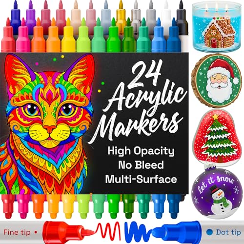 ARTISTRO 24 Acrylic Paint Markers for Rock, Fabric, Wood, Glass, Craft, Decoration - Dual-Tip Paint...