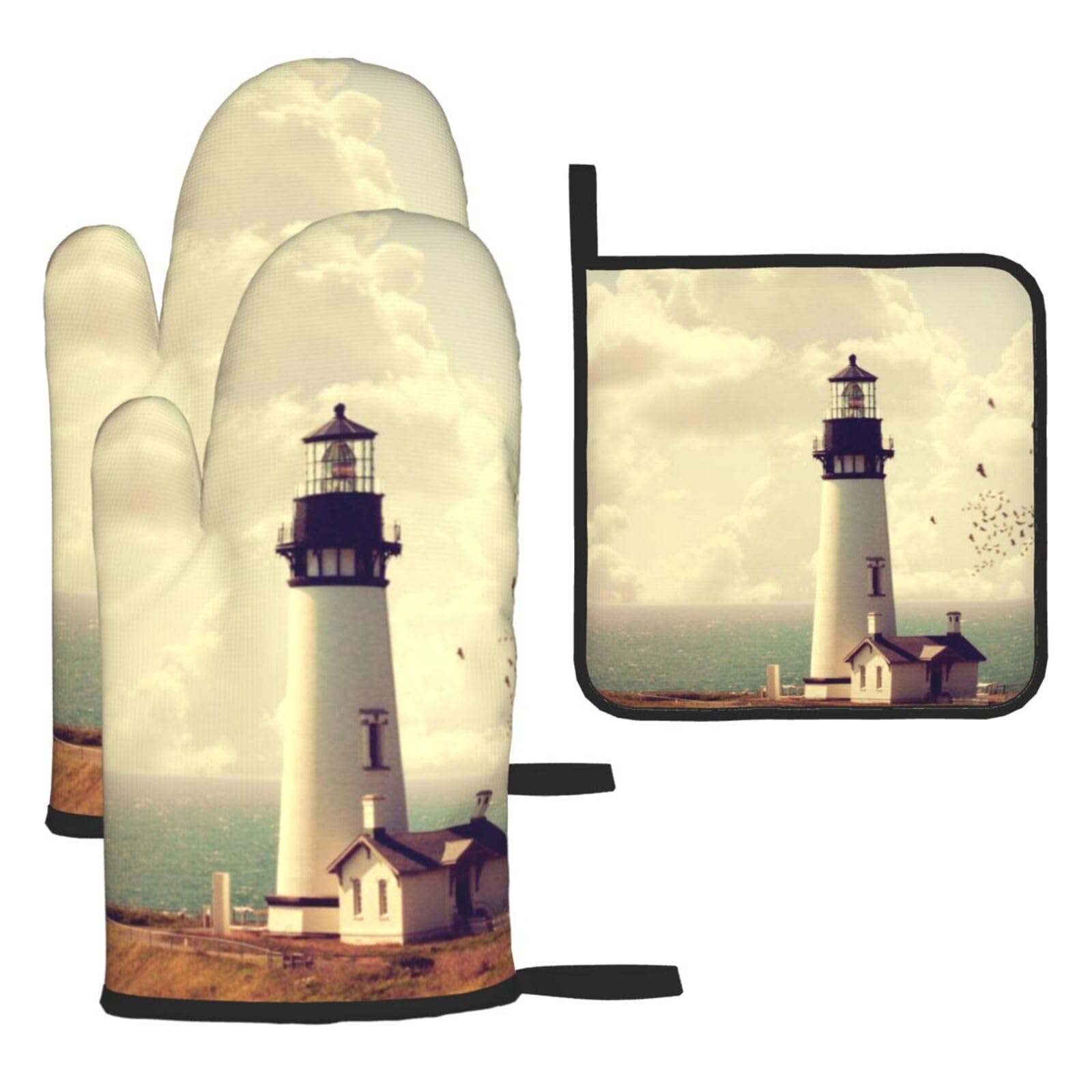 Old Lighthouse Print Oven Set Kitchen Gloves Baking Grilling Microwaving Cooking Gift Everyday Holiday
