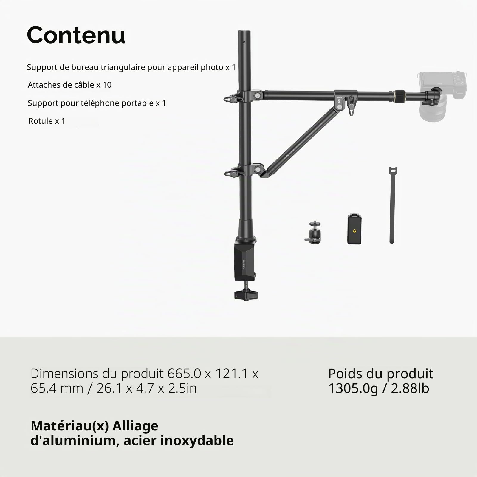 SMALLRIG Support De Bureau Triangulaire, 3kg Max. Charge, Support de Caméra Aérienne avec Tige de Auxiliaire, avec de Téléphone et Petite Rotule pour Camera/Phone/Lumière/Webcam - 4304