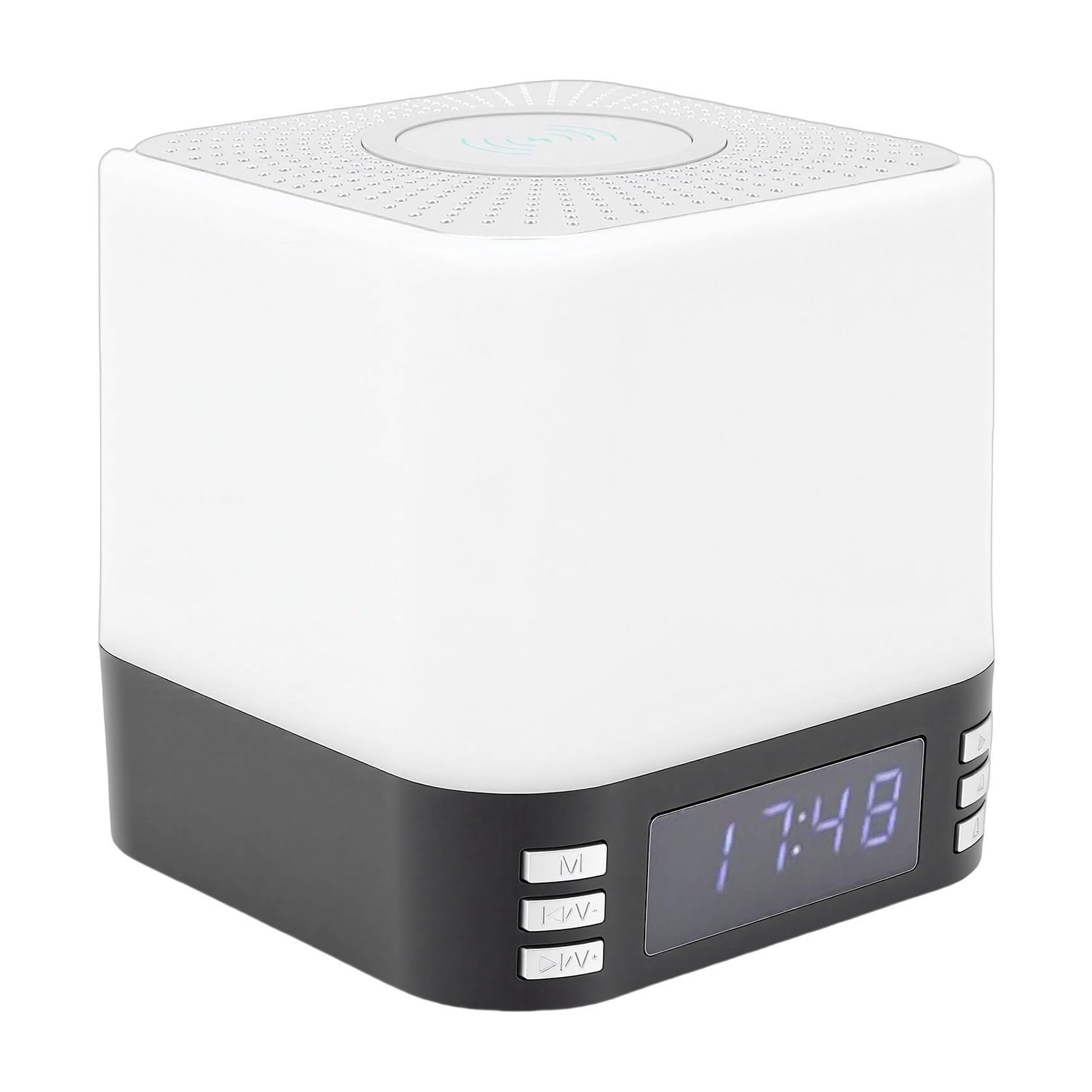 Caricabatterie Wireless Altoparlante Bluetooth, Ricarica Rapida da 15 W per Cuffie del Telefono, Effetto Sonoro Panoramica HiFi a 360°, Orologio con Rumore Bianco a 7 Colori per (BLACK)