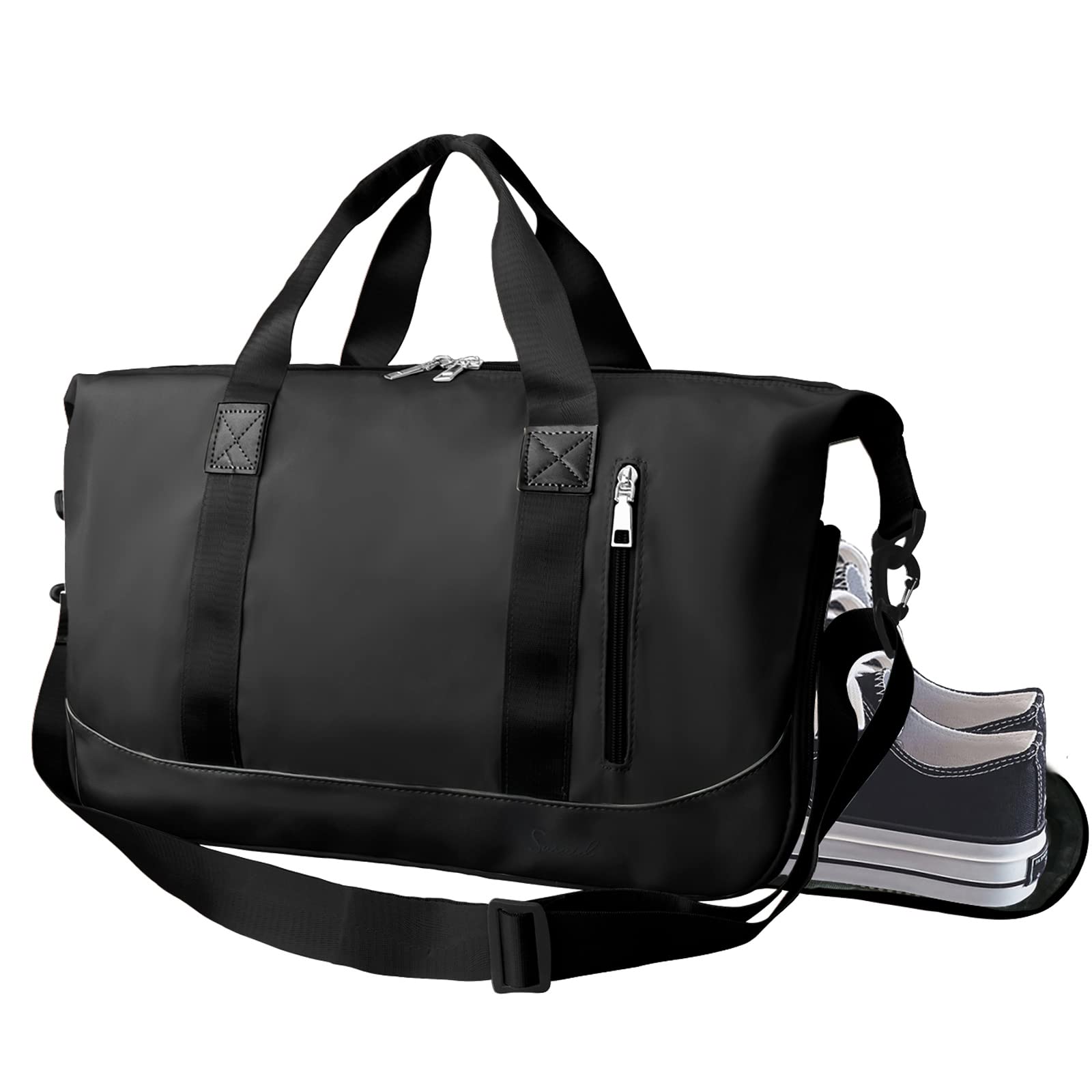 Sports Gym Bag for Women and Men Travel Duffel Bag Overnight Shoulder Bag Weekender Carry On Workout Bag Portable Sports Tote Bag Lightweight with Shoes Compartment & Wet Pocket (Black)