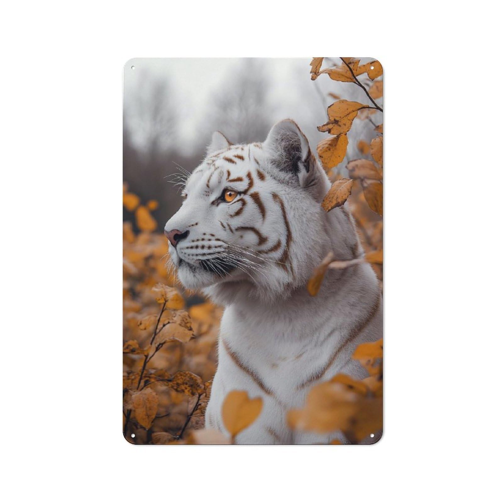 Junmoney Style-11 White Tiger Portrait In Autumn Leaves Nostalgic Metal Wall Decor 30X20cm, Vintage Tin Sign For Living Room, Hallway, Kitchen Or Cafe