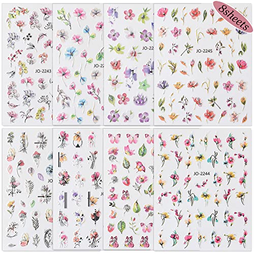 8 Sheets Flower Nail Art Stickers Decals Spring Blossom Nail Art Supplies 3D Colorful Butterflies Flowers Nail Designs Self Adhesive Floral Nail Stickers For Women Nail Art Decorations Accessories #TOP2