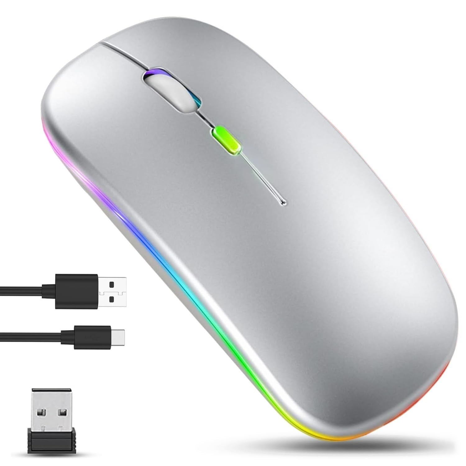 GLOBAL TECH Kabellose Bluetooth Maus, Wiederaufladbare LED Ultradünne Funkmaus mit Dual-Modus 2,4 GHz und Bluetooth, Leise Tragbare Maus Kabellos für Laptop, PC, Computer, Mac, iPad, Tablets (Silber)