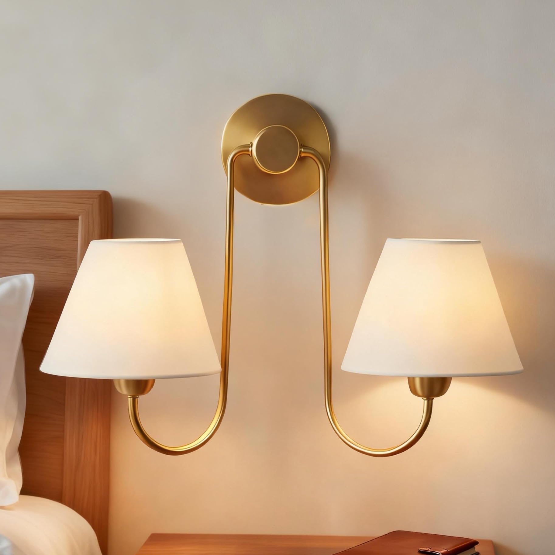 Photo 1 of Contemporary Brass 2-Light Linen Shade Double Swoop Sconce, Stainless Steel White Fabri Wall Light, Wall Sconce for Bedroom, Living Room, Entryway, Kitchen, 17.5" w x 9.5" d x 14" h