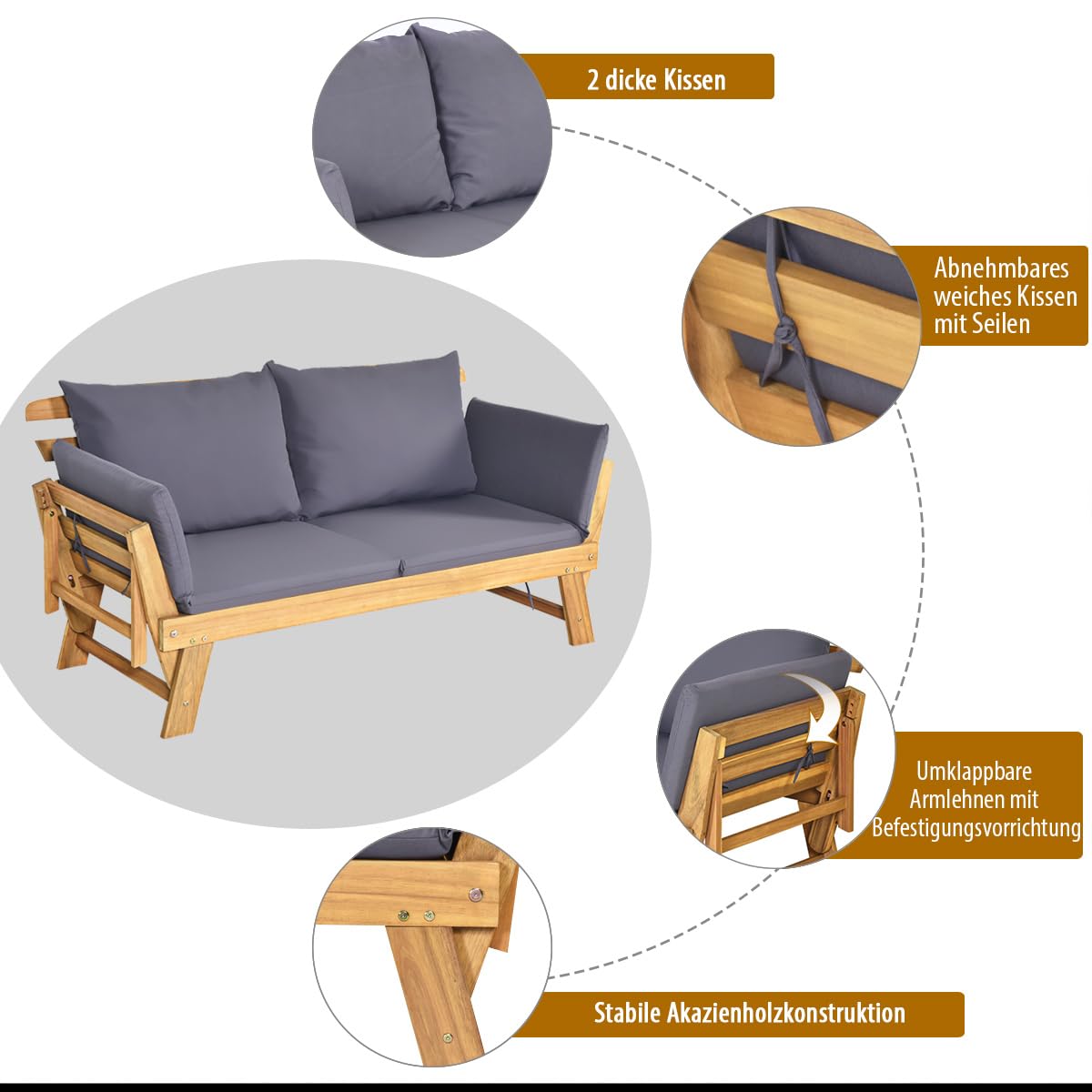 COSTWAY Gartenbank mit Liegefunktion, Gartensofa mit Auflagen und klappbaren Armlehne, Balkonbank aus Akazienholz, Balkonsofa, Gartencouch für Garten, Terrasse, Balkon, 198 x 75 x 75 cm (Grau)