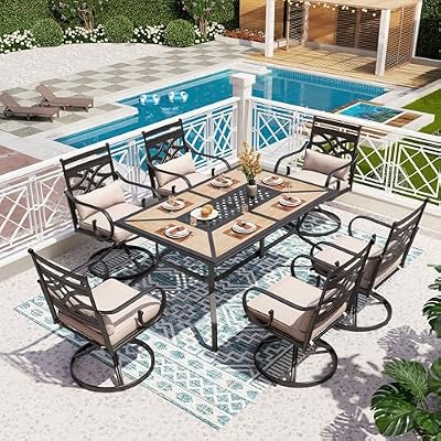 PHI VILLA Patio Dining Set for 6, 7 PCS Outdoor Dining Sets - 1 Rectangle 37x60in Dining Table (1.57" Umbrella Hole) & 6 Swivel Dining Chairs,Metal Patio Furniture for Outdoor Kitchen Lawn and Garden