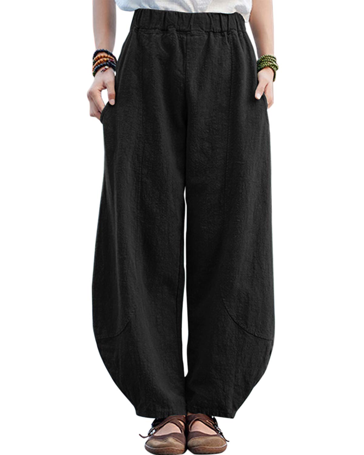 IXIMOWomen's Cotton Linen Pants Casual Baggy Elastic Waist Relax Fit Trousers Slacks
