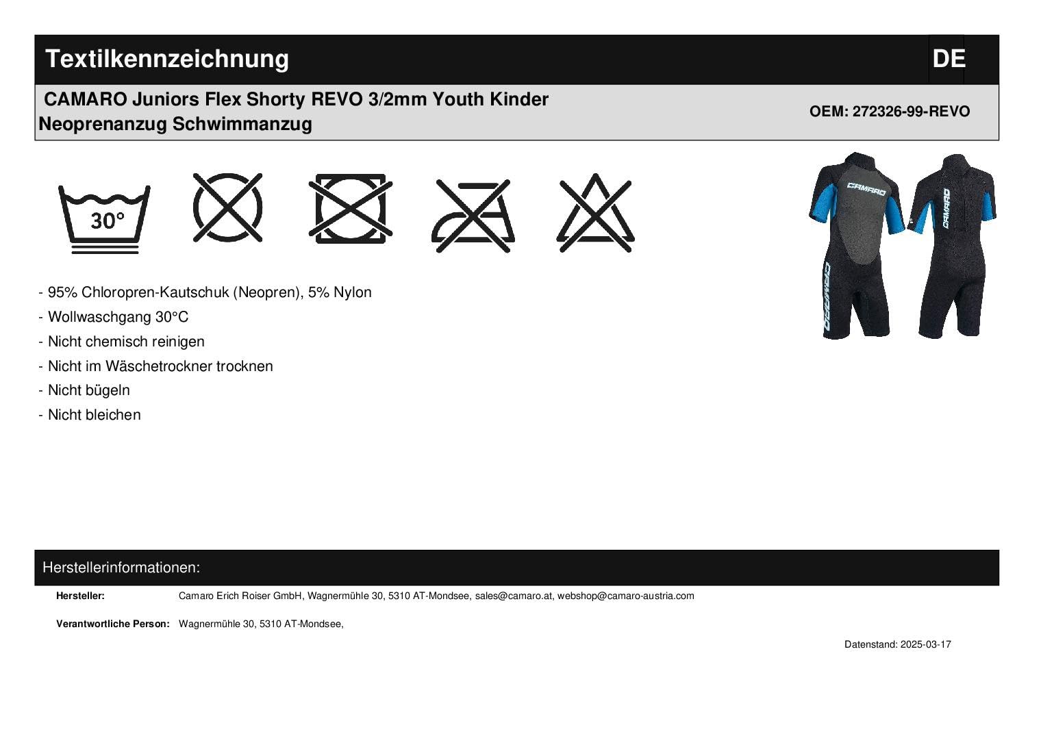 CAMARO Flex Youth Kinder Shorty Kinder Neoprenanzug Neopren Schwimmanzug