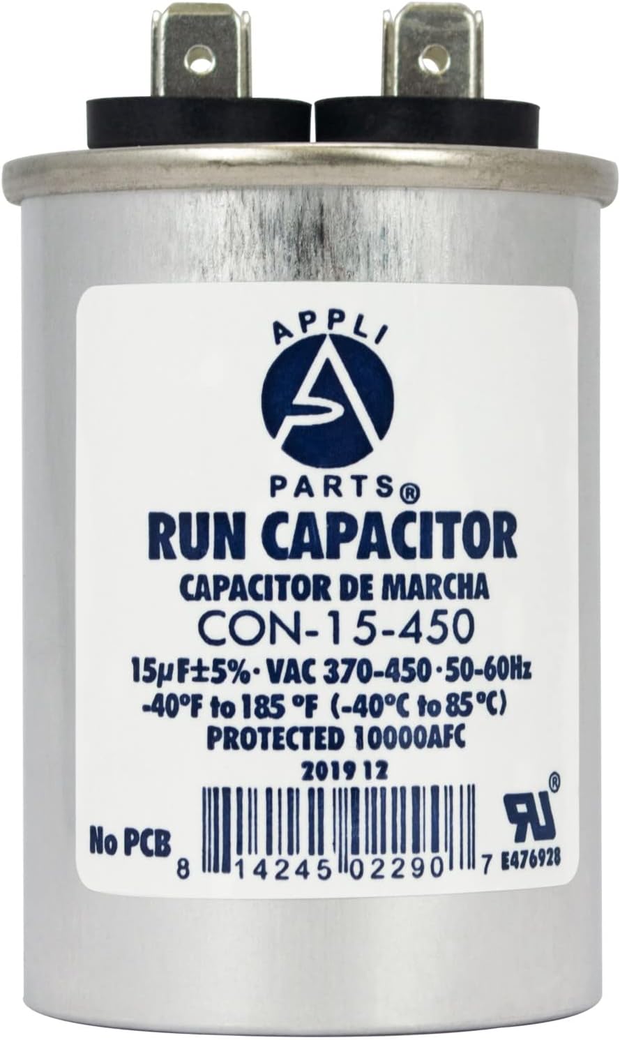 Appli Parts Condensador Capacitor de Marcha 15 Mfd uF (microfaradios) 370VAC o 450VAC CBB65 Universal Aire acondicionado y otras aplicaciones Redondo UL E476928 7.5cm Alto 4.1cm Ancho CON-15-450