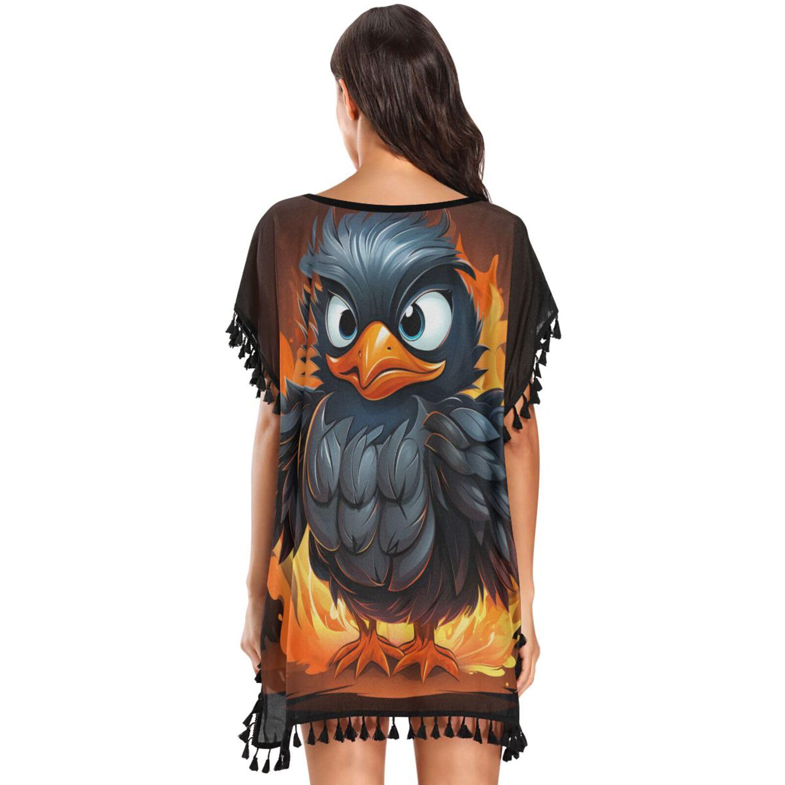 Cool Fire Animal Art Penguin Women's Beach Cover Up Chiffon Tassel Swimwear Swimsuit Coverups for Girl