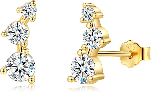 Sterling Silver Stud Earrings for Women, Cubic Zirconia Ear Curve Climber 3 CZ Cluster Cartilage Earrings Upper Ear Helix Piercing Tragus Studs for Girls Gifts, Gold
