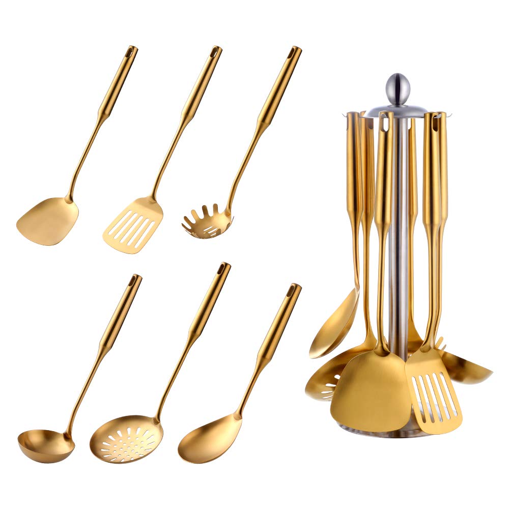 Ustensiles de cuisine 6 pièces acier inoxydable Écumoire Louche Spatule de Cuisine Tourneur à fente Riz Pasta Server avec support