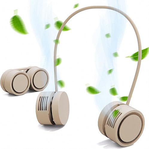 Ventilador de cuello portátil, manos libres, sin aspas, con 3 velocidades para mujeres, niños y adultos, lectura, conducir, correr (caqui)