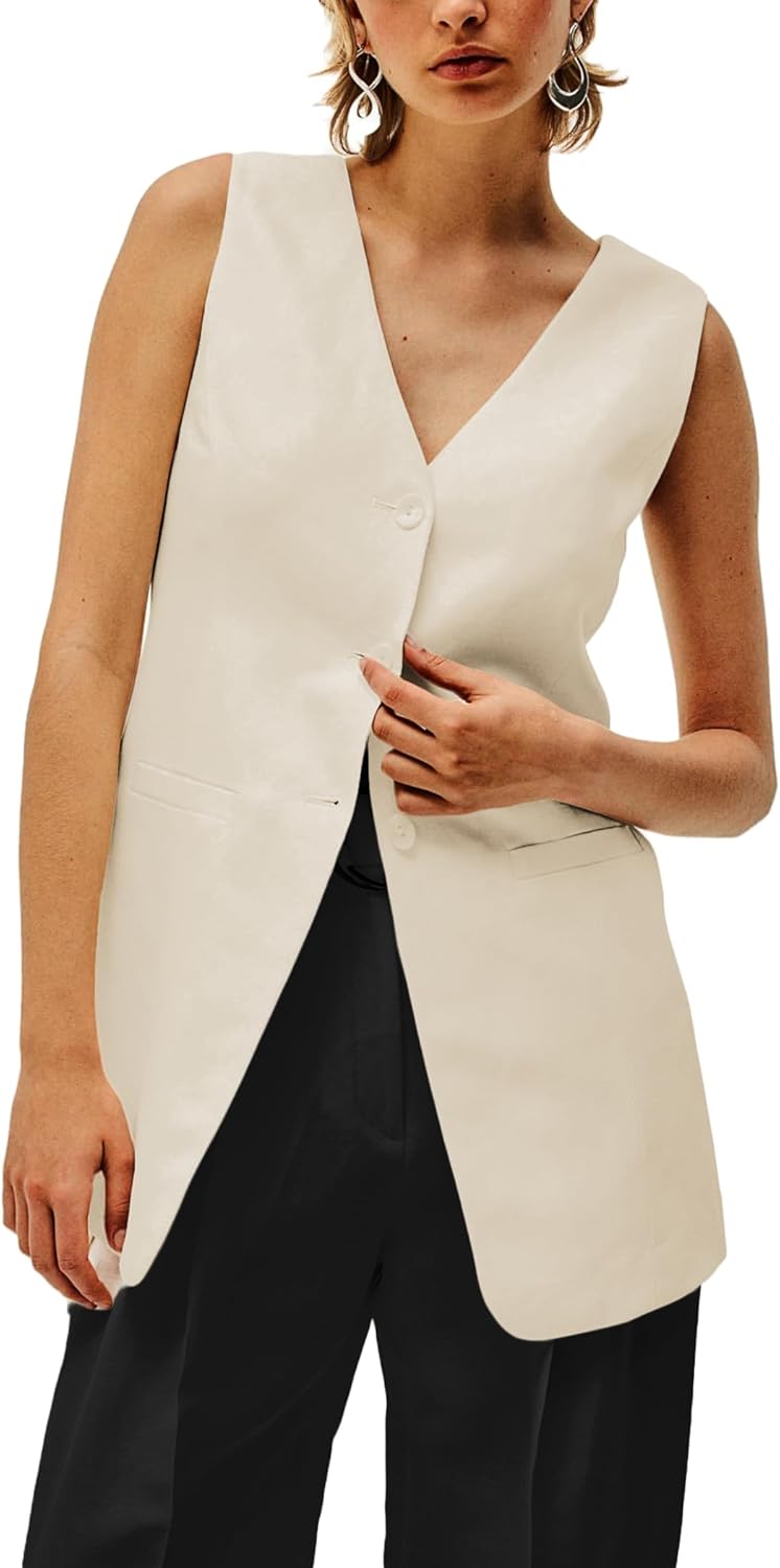 Mina Self 2026 Spring Women's Long Linen Vest Blazer Tops- Lightweight V-Neck Y2K Fully-Lined Fashion Work Casual Pockets - Image 2