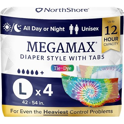 NorthShore MegaMax Adult Overnight Diapers, 12-Hour Tab-Style, Large, 4 Count Starter Pack, Tie-Dye, 42-54 inches, Unisex Incontinence Underwear