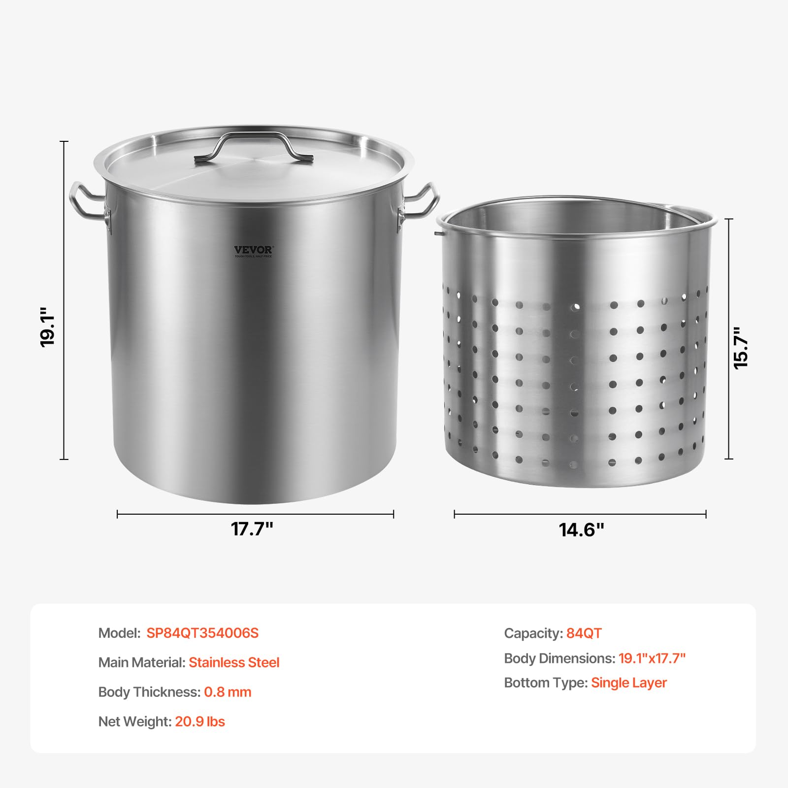 VEVOR Pentola in Acciaio Inox, Pentola per Salse con Cestello 79,5 L, Coperchio e Manico, Trattamento di Macinazione, per Eventi di Grandi Gruppi, Argento
