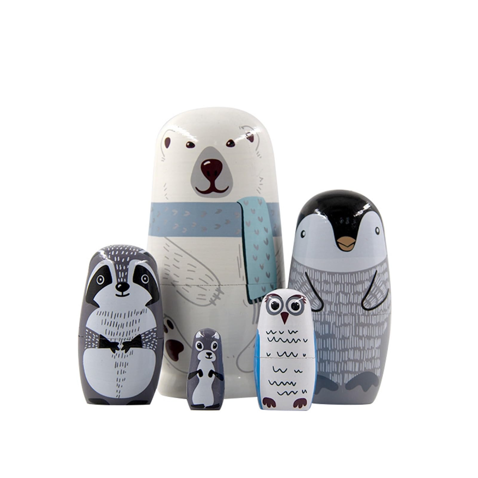 THE WHITE SHOP Russian Nesting Dolls for Kids, Stacking Wooden Handmade Dolls, 5 Piece Cute Cartoon Animal Pattern, Great Toy Gift for Girls Boys' Birthday or Home Decoration