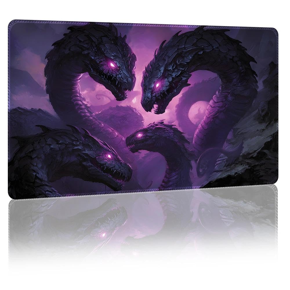 DUNQEO Fantasy Game Mat Compatible with MTG, TCG – 24”x14” Playmat with Stitched Edges for Trading Card Games, Board Games & Desk Use(Hydravenom,No Game Zones)
