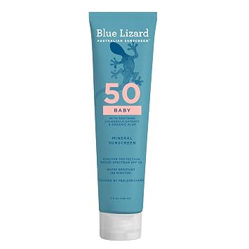 Blue Lizard BABY 矿物防晒霜，含氧化锌，SPF 50+，防水，采用智能盖技术的 UVA/UVB 保护 - 无香料，5 盎司。管子