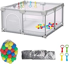 Requena Baby Playpen, Indoor/Outdoor Toddler Fence with Breathable Mesh, Extra Large Play Yard with Balls, Grey