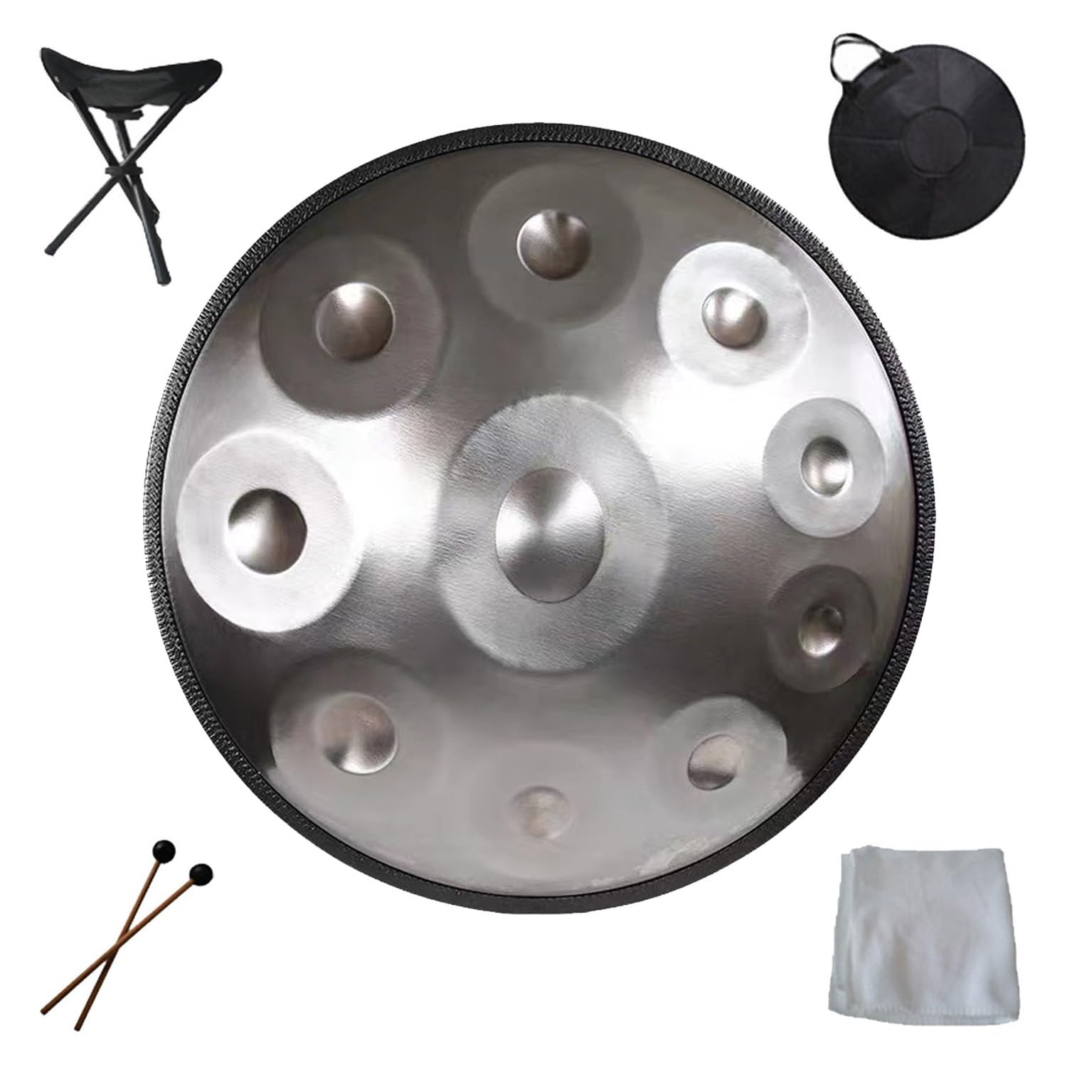 Handpan para Adultos 22 Pulgadas, Handpan professionale de Acero 432Hz 440Hz con 9/10/12 Notas, Tambor con Funda, Baquetas y Soporte Incluidos(Silver,10 Notes(432Hz))
