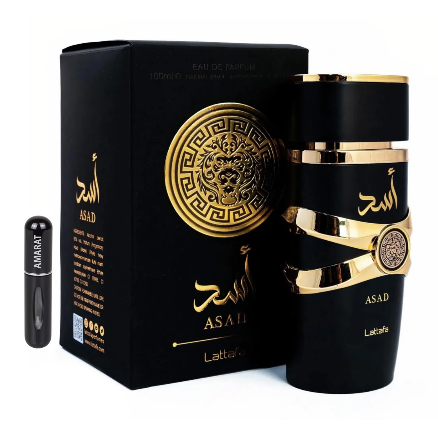 Lattafa Asad Eau de Parfum 100 ml, Perfume Árabe para Hombre de Larga Duración, Incluye Atomizador, Fragancia masculina árabe intensa ambarada especiada con vainilla tabaco y haba tonka (Asad)