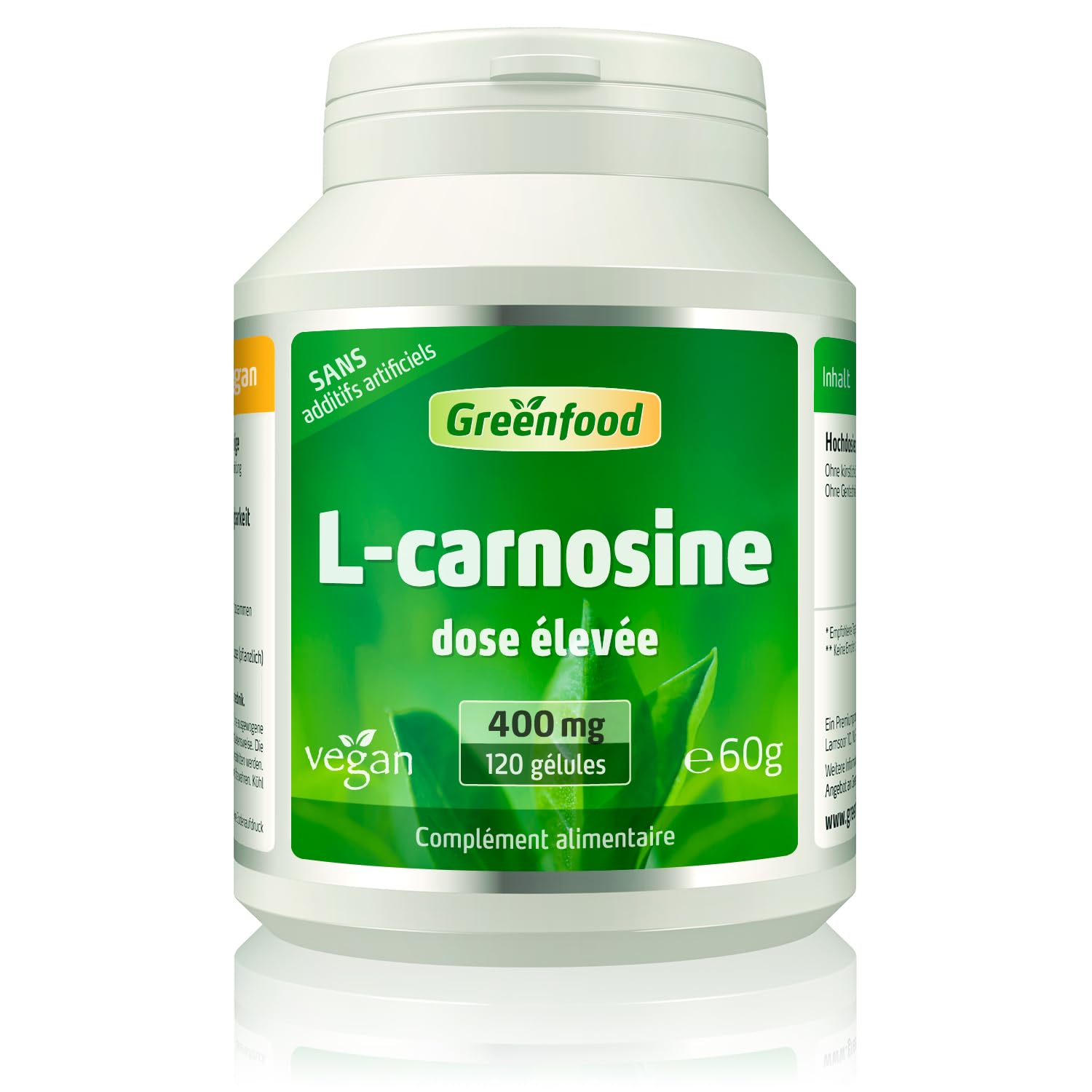 Greenfood L-Carnosine, 400 mg, haute dose, 120 gélules - SANS additifs | L-Carnosine de haute qualité, substance pure, haute biodisponibilité, testé en laboratoire, sans OGM, vegan