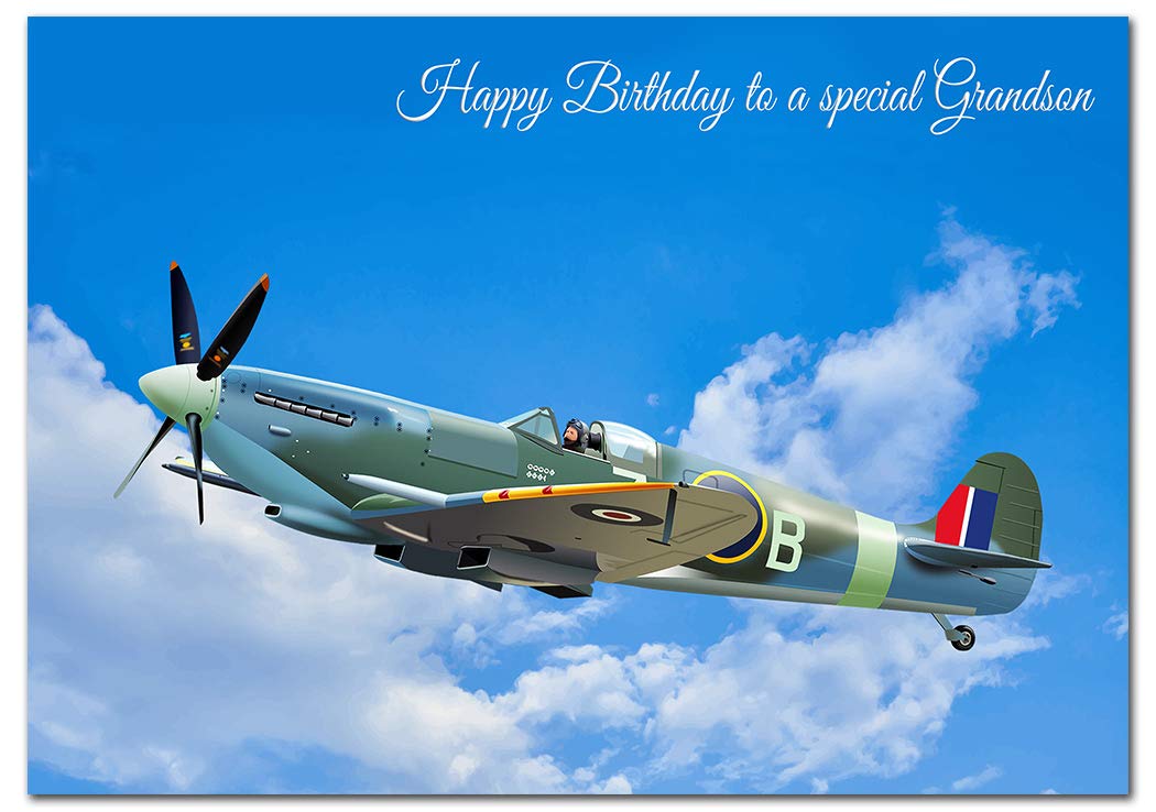 Extra Large Grandson Birthday Card - XL Big thick A4 size - Special Traditional Bday Greeting Men Him - Unusual Cool WW2 Spitfire Airplane Plane Art - Huge Happy Wishes - UK Eco-Friendly — image 1