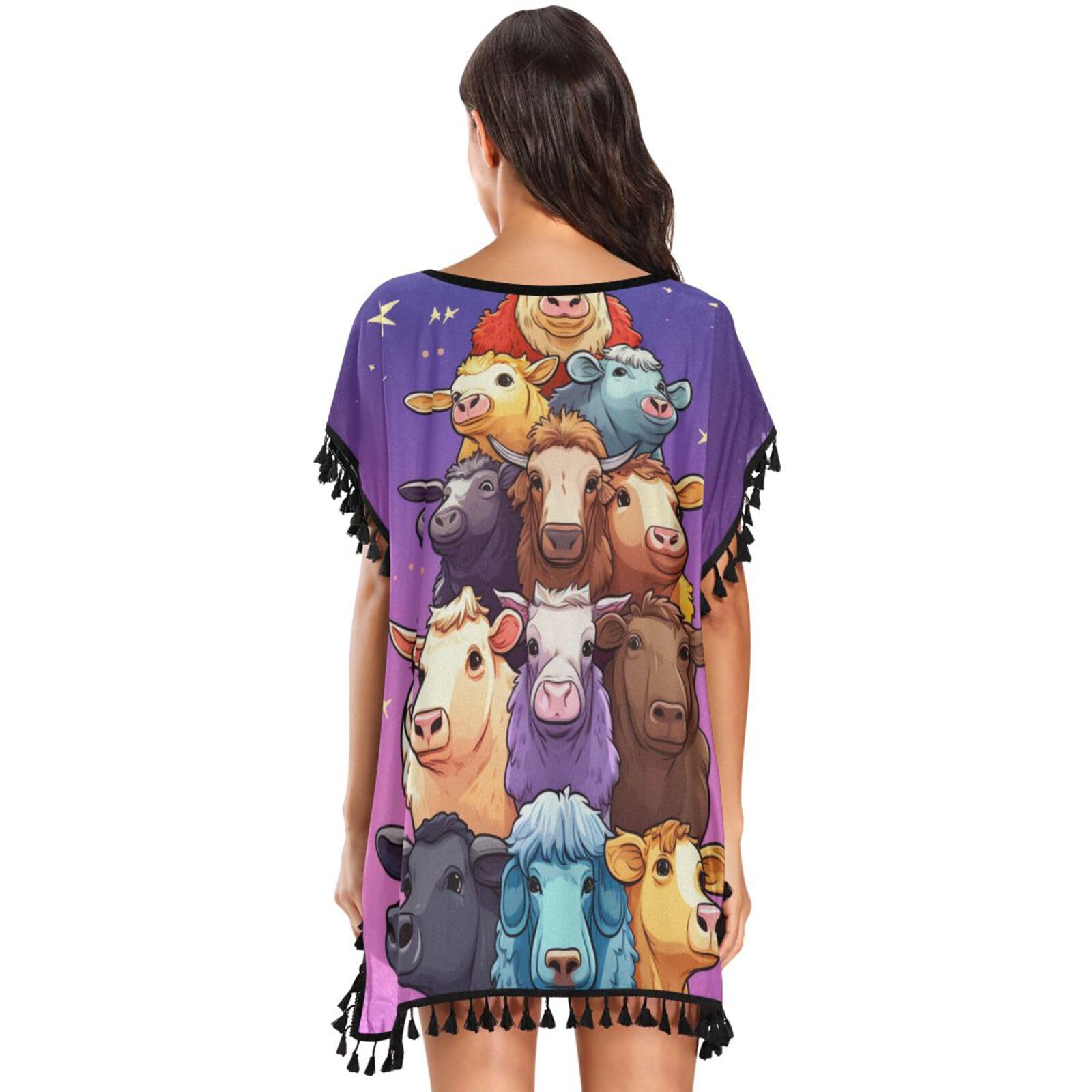 Doodle Art Animal Cow Women's Beach Cover Up Chiffon Tassel Swimwear Swimsuit Coverups for Girl