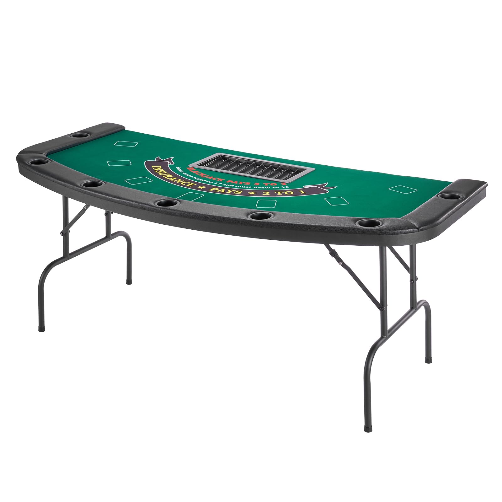 VEVOR klappbarer Pokertisch für 7 Spieler 183 cm Kasino-Freizeittisch mit gepolsterten Schienen & Getränkehaltern, Halbovale tragbare Spieltische mit Filz- und Metallbeinen