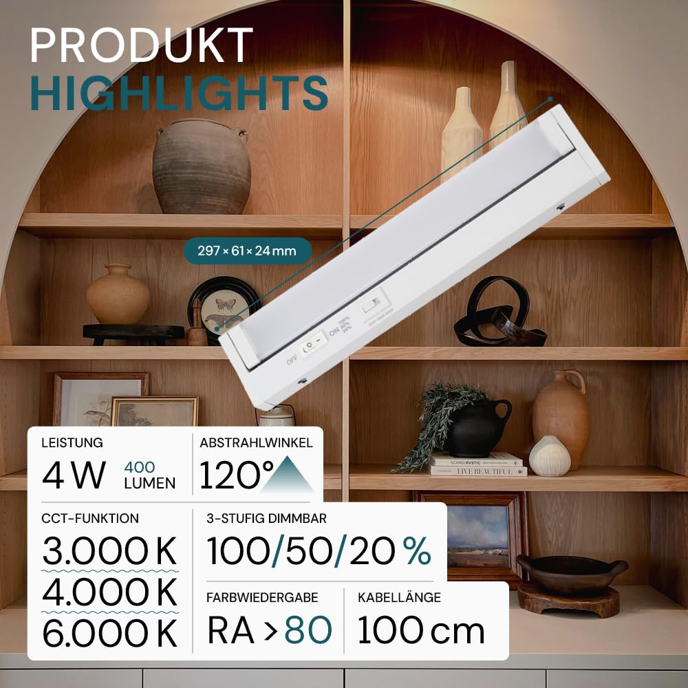 LUXULA LED Unterbauleuchte schwenkbar 30cm, Schrankbeleuchtung mit Schalter IP20, dimmbar 2700K 4000K 6000K, 29,7x6,1x2,4 cm, 4W, 400lm, Unterbau LED Lichtleiste Weiß, Küchenlampe