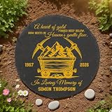 Personalized Miner Memorial Slate Stone Sculpture with Custom Name & Years, Heart of Gold Mining Tribute Decor with Pickaxe Cart and Mountain Design, Natural Rock Accent for Garden or Indoor Display