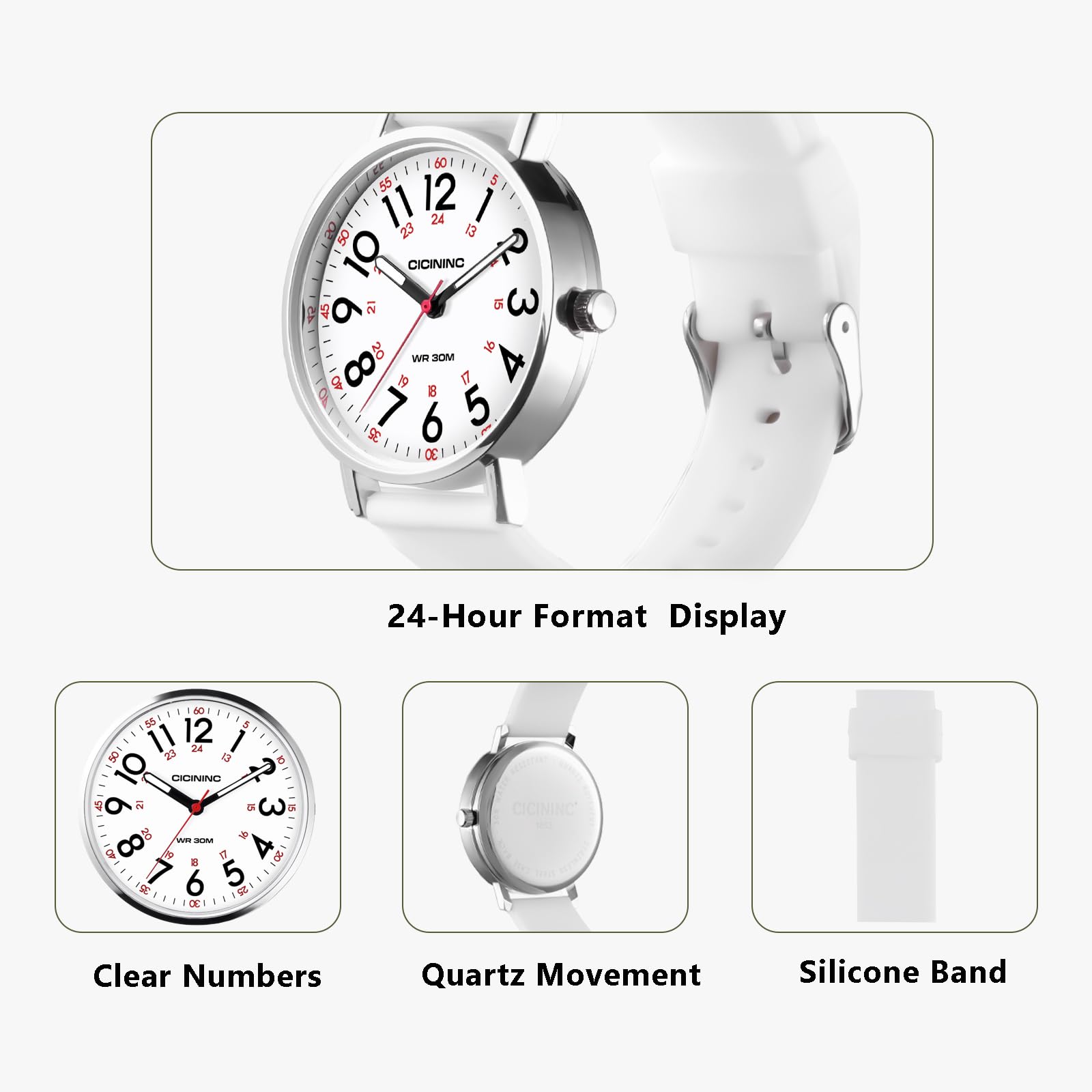 Nurse Watch for Medical Professionals Students Women Men, Analog Nursing Watches with 12/24 Hour Military Time, Second Hand, Easy to Read, Colorful Silicone Band