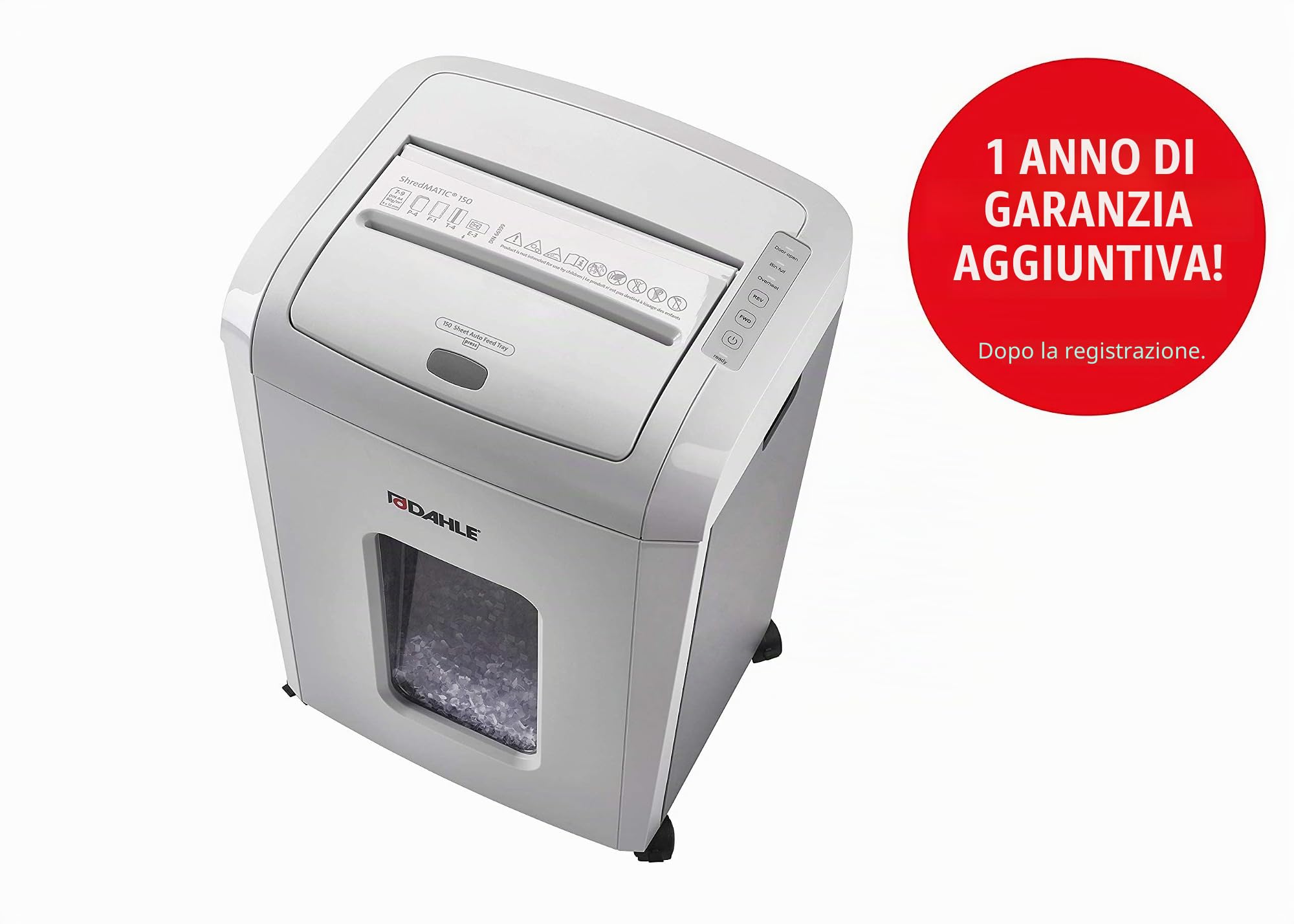 Dahle ShredMATIC 150 - Distruggidocumenti Autofeed (150 fogli, P-4, taglio a particelle, senza olio e manutenzione, alimentatore automatico di carta grigio chiaro/grigio polvere