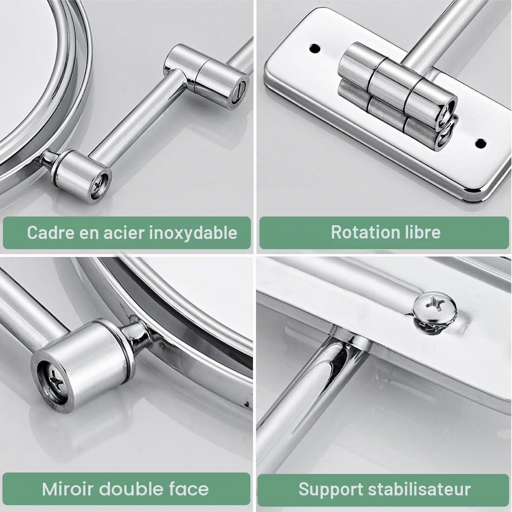 Miroir cosmétique avec grossissement 1x/7x - Miroir de Rasage Double Face - Pivotant à 360° pour Salle de Bain, Studio de beauté, Spa, hôtel Ø 20cm