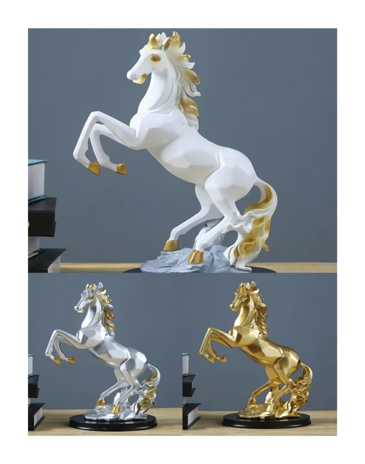 Regalos de inauguración Figura de Caballo Saltador geometría Creativa, Escultura Resina, decoración del hogar con Base Negra Decoración única(Silver)