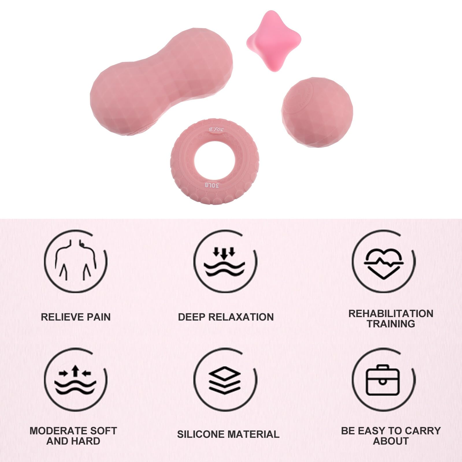 UKCOCO Kit de 4 Balles de Massage en Silicone Rose pour Relaxation Musculaire, Yoga et Sport, Accessoires pour Paume et Plante des Pieds, Dispositif de Détente et Soulagement des