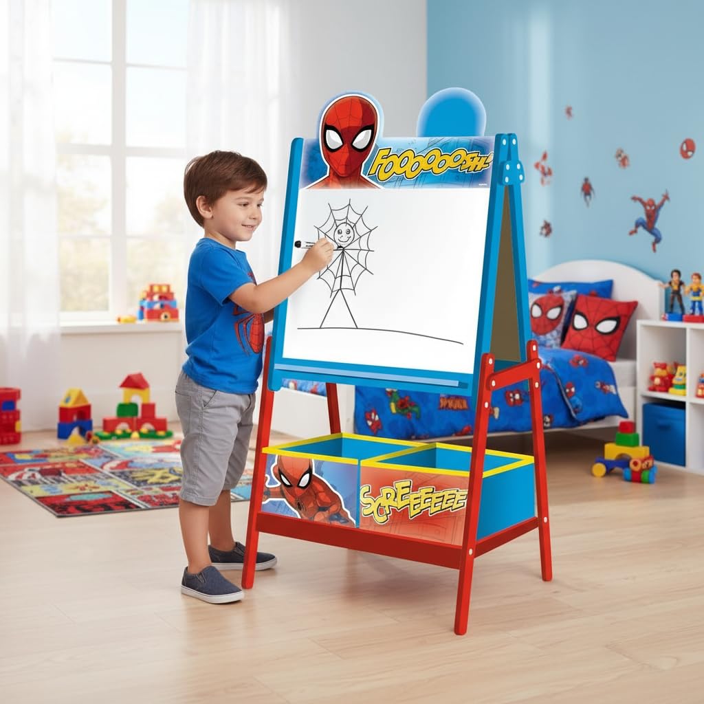ARDITEX - Pizarra infantil de Marvel Spiderman con doble superficie para uso de tiza y rotulador y 2 contenedores textiles para almacenaje - 54x45x117cm - Contenedores de 24x30x15cm - Rojo y azul