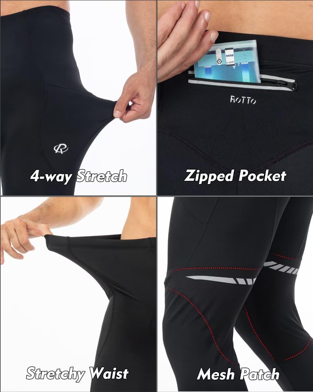 ROTTO Mens Cycling Tights Padded Biking Pants Bike Riding Leggings with Multiple Pockets