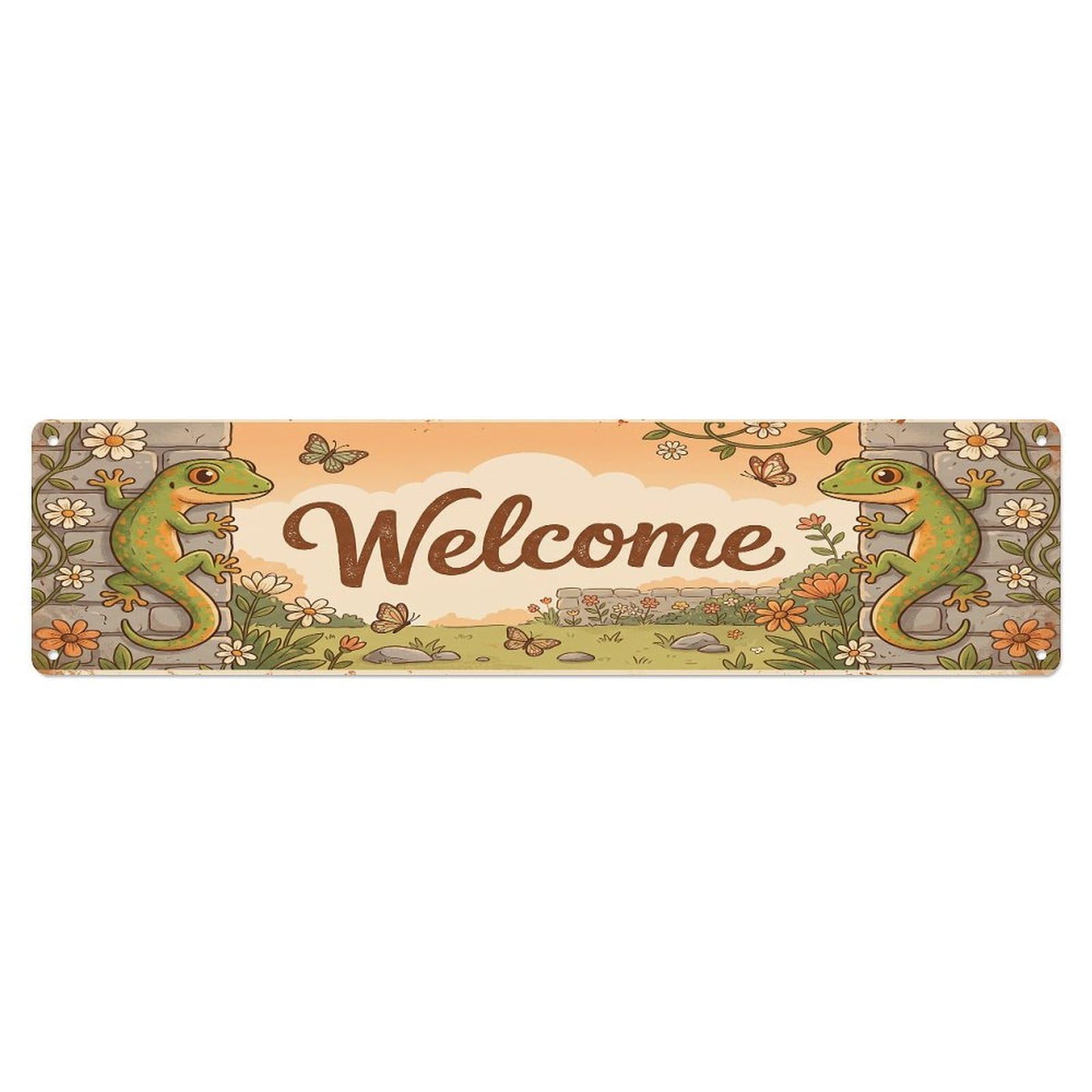 Olhnbad 4X16inch(10X40cm) Vintage Welcome Gecko Wall Metal Tin Sign