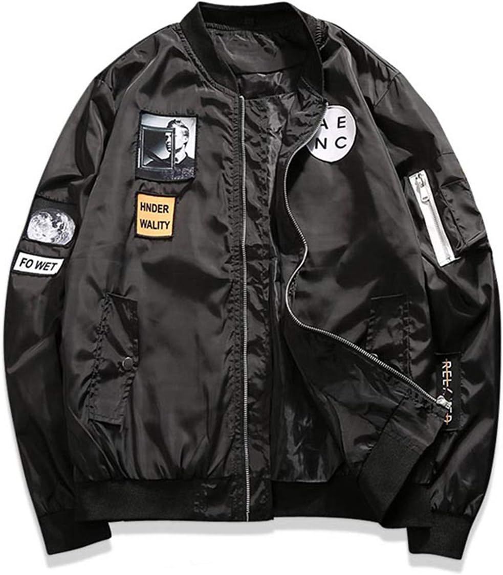 AITFINEISM Classic Slim Fit Bomber Jacket Men Windbreaker with Patches (Small, Black)