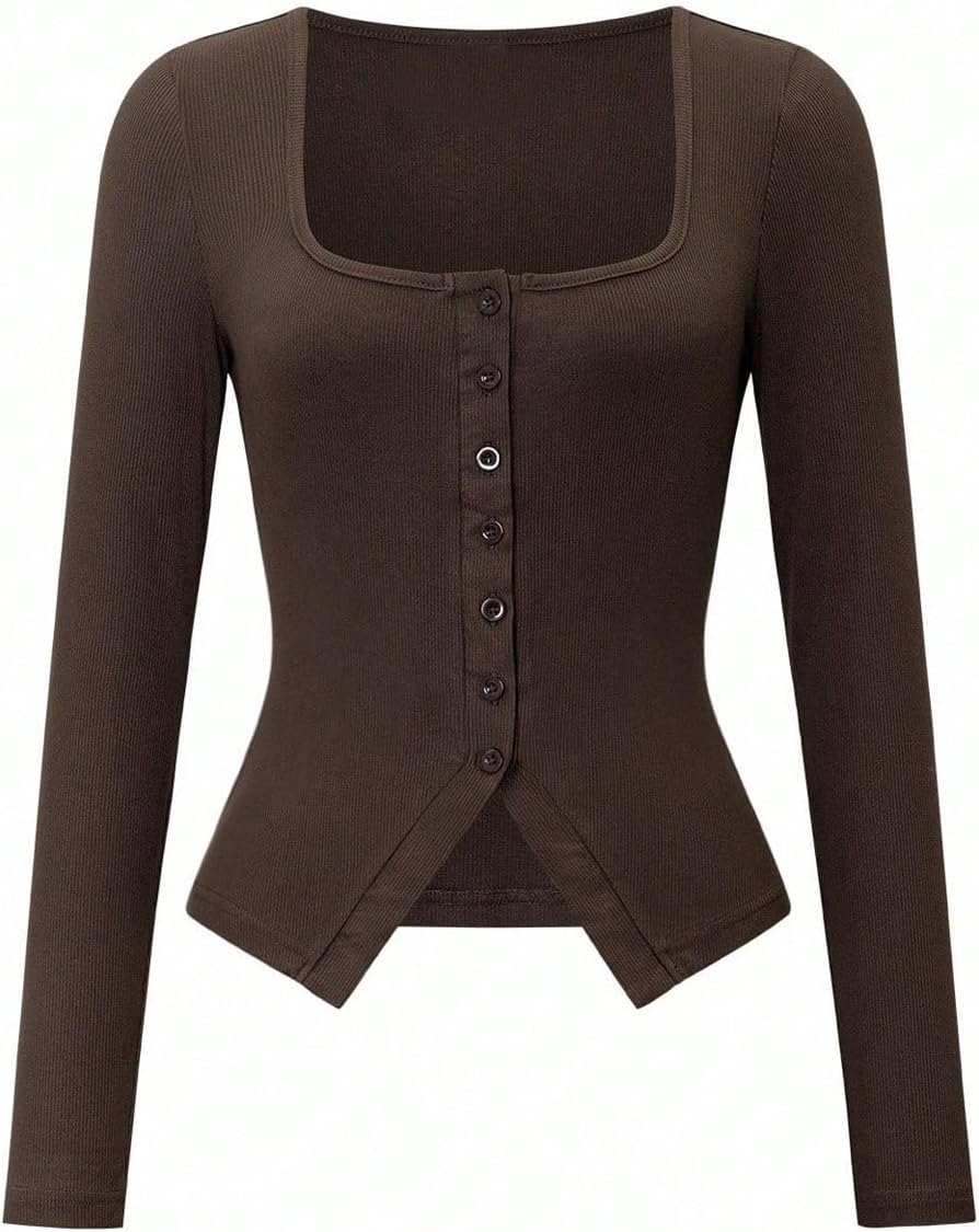 SweatyRocks Women's Square Neck Long Sleeve Button Down Split Fitted Going Out Crop Top T Shirts - Image 4