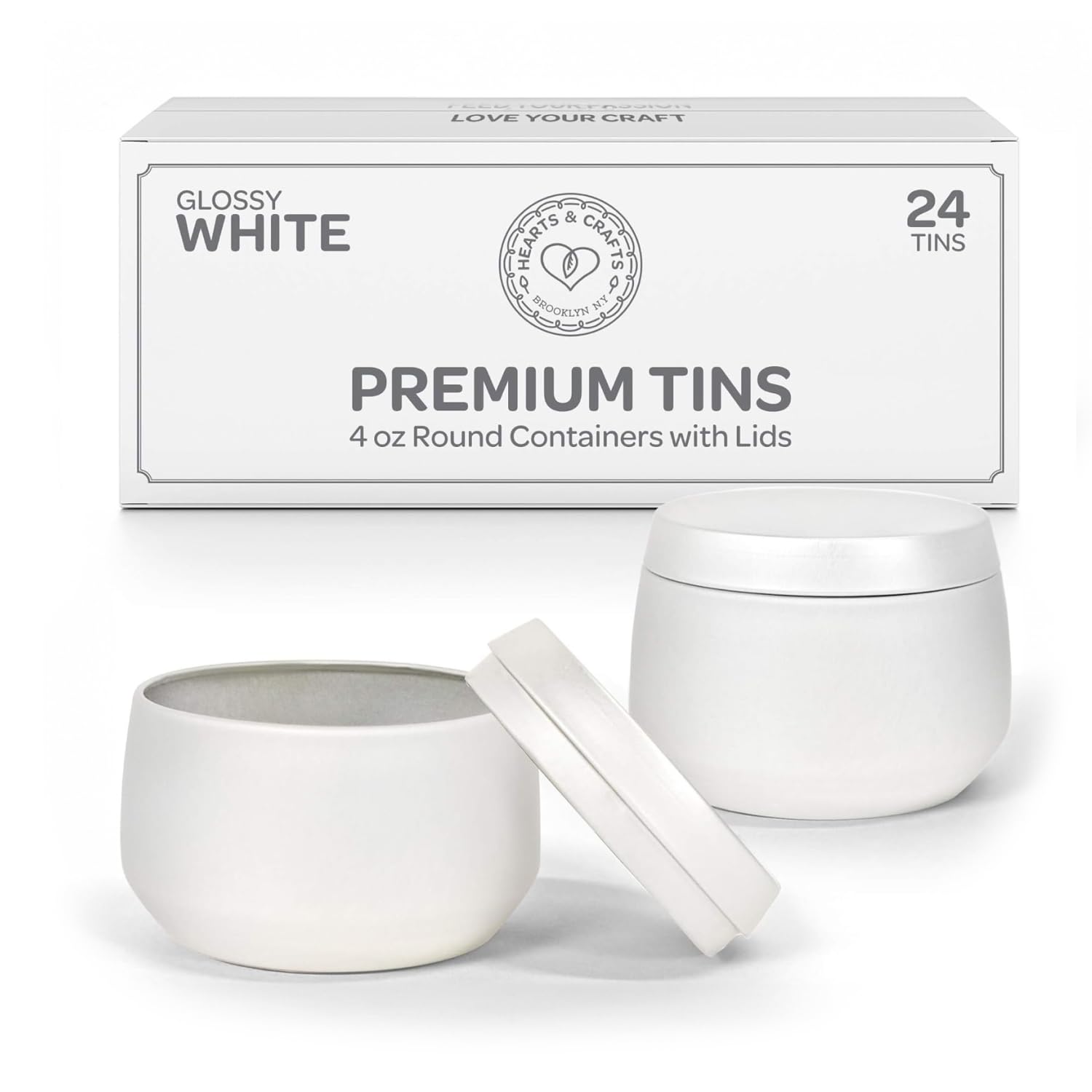 Hearts & Crafts Pack of 24 Candle Jars for Making Candles - 4 oz White Round Containers with Lids - Empty Storage Tins for DIY Arts and Crafts, Gifts and Decorating